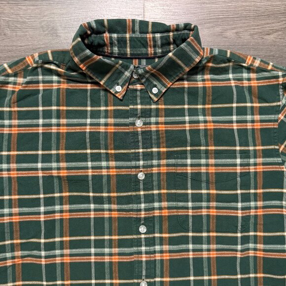 L.L. Bean Men's Signature Stretch Poplin Plaid Flannel Shirt - Green/Orange - Picture 2 of 5